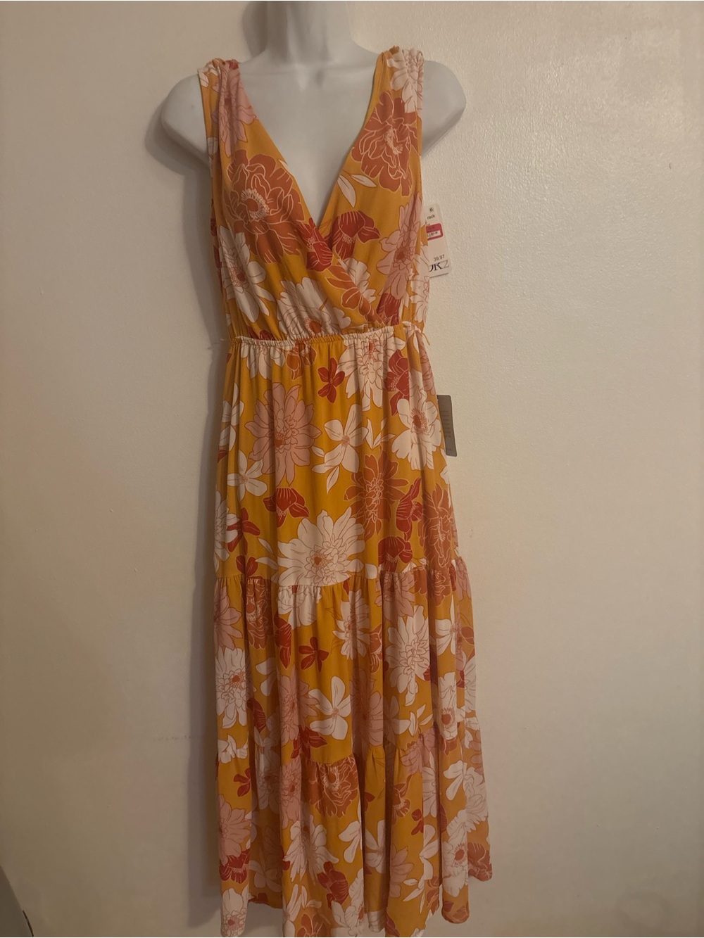 Sundress summer beach tropical Floral V-Neck Sleeveless Midi Dress in Mustard